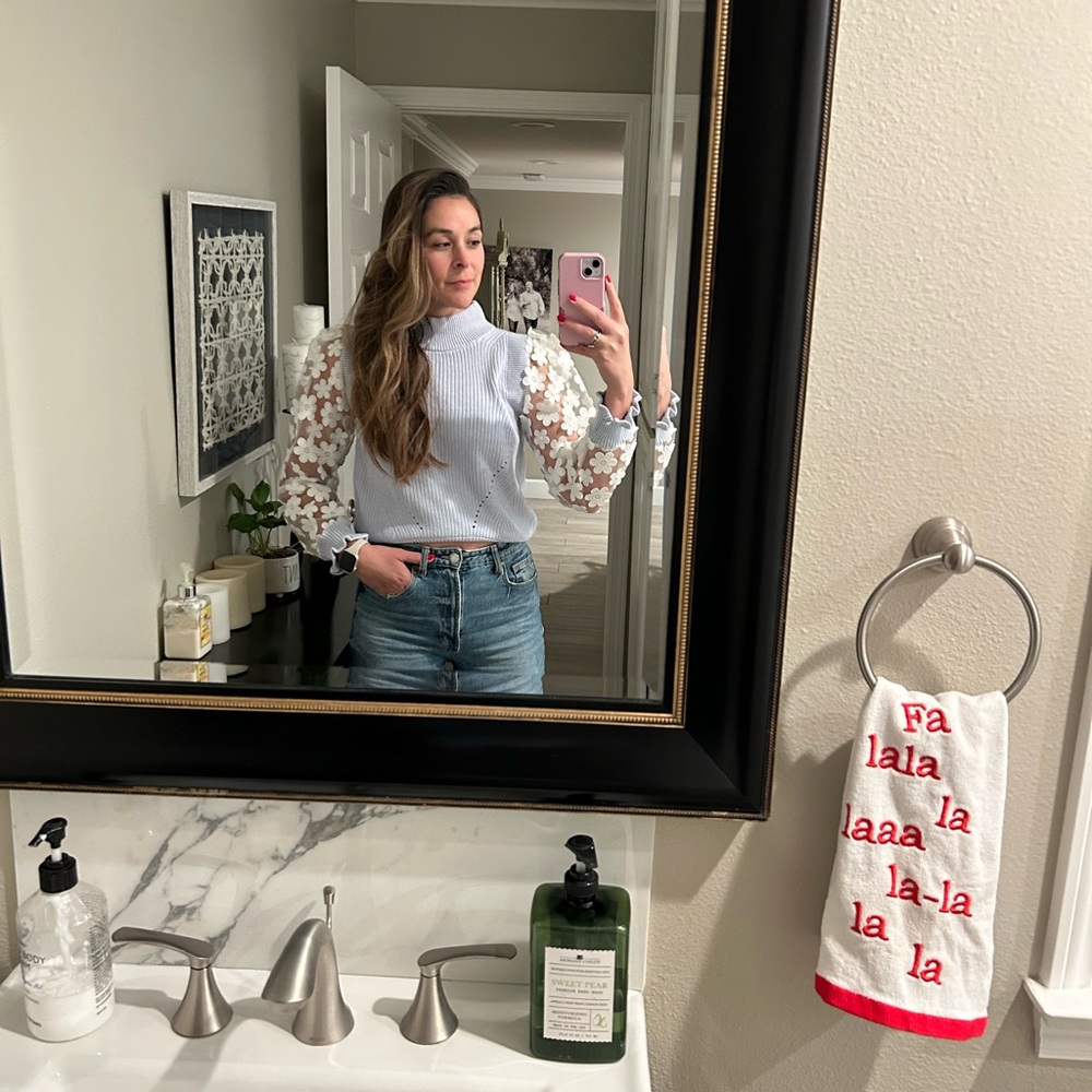 Women's Blue and White Lace Sleeve Top
